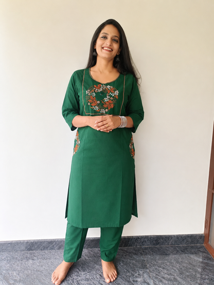 Dark Green Embroidered Coord Set