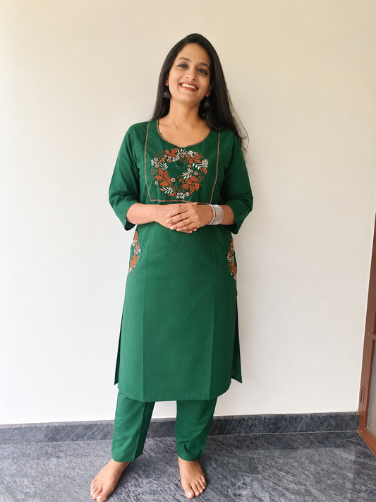 Dark Green Embroidered Coord Set